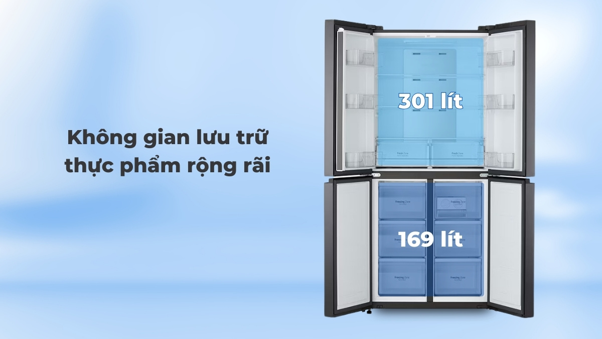 Không gian bên trong tủ khá rộng rãi, cho phép lưu trữ nhiều thực phẩm