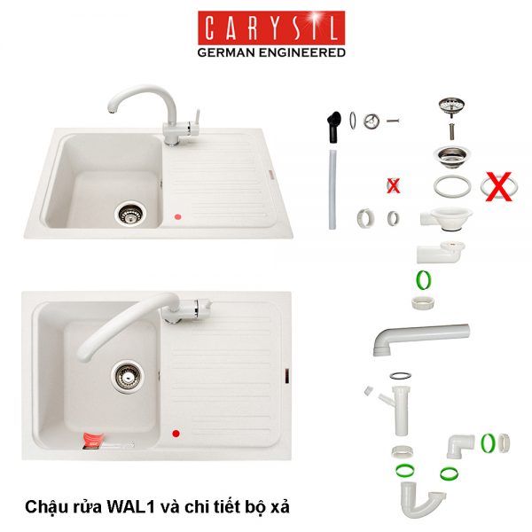 chậu rửa chén bằng đá WAL1 và chi tiết bộ xả