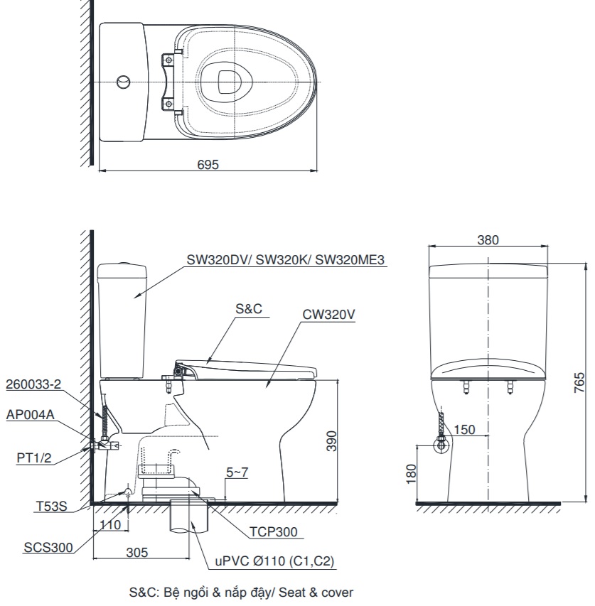 bản vẽ - Bàn Cầu Hai Khối ToTo CS320DRE2