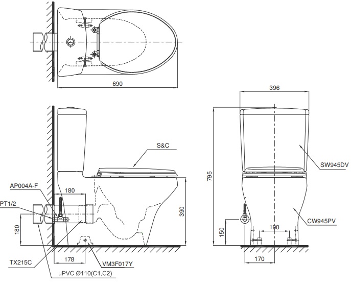 bản vẽ - Bàn Cầu Hai Khối ToTo CS945PDT3#W