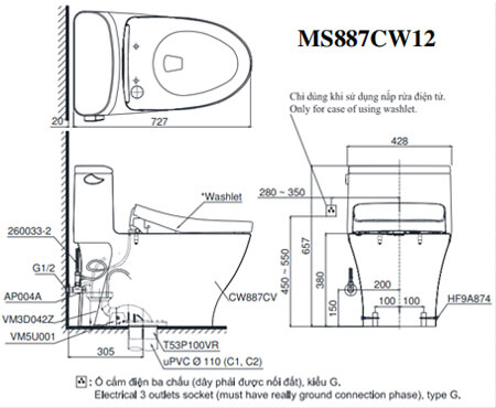 Bản vẽ - Bàn Cầu Một Khối ToTo MS887CW12