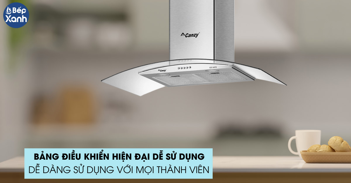 Máy hút mùi kính cong Canzy bảng điều khiển hiện đại