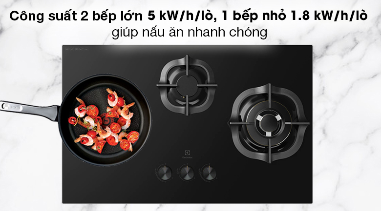 Bếp ga âm Electrolux EHG8321BC - Nấu ăn nhanh với công suất 2 bếp lớn 5 kW/h/lò, 1 bếp nhỏ 1.8 kW/h/lò