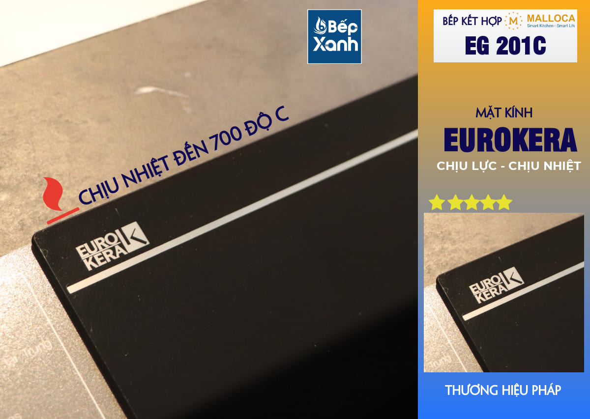 bếp gas kết hợp hồng ngoại malloca eg 201c có kính eurokera chịu nhiệt