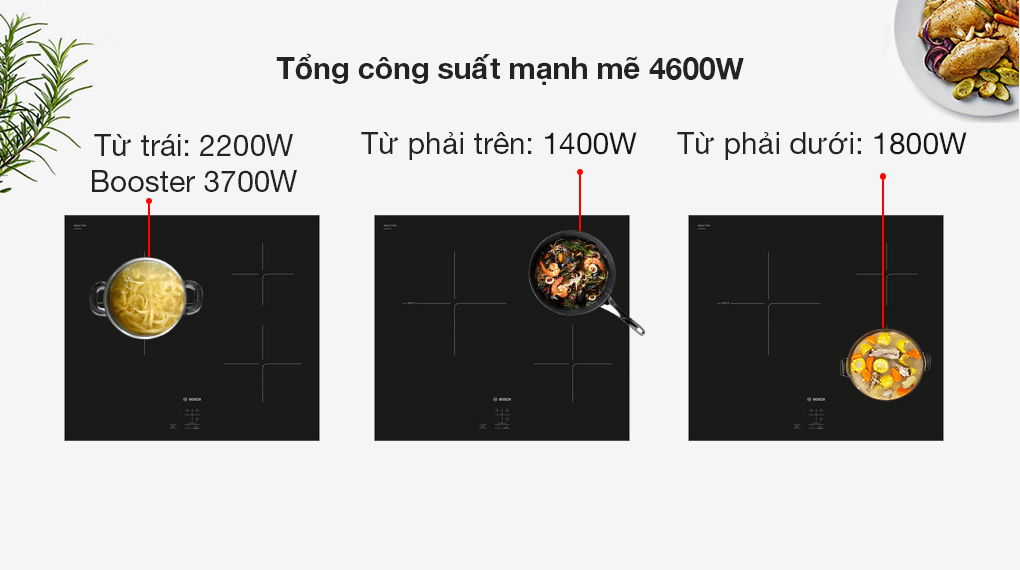 Công suất - Bếp từ 3 vùng nấu lắp âm Bosch PUC61KAA5E