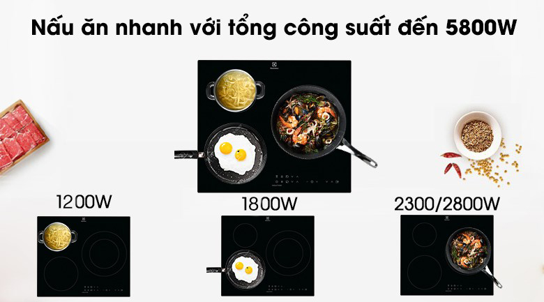 Nấu ăn nhanh với tổng công suất đến 5800W