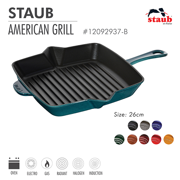 Chảo gang nướng vuông Staub 26 cm - Màu xanh ngọc Grade B