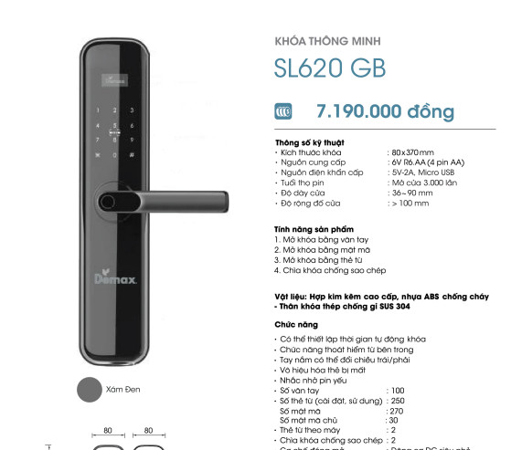 Khóa cửa thông minh màu xám đen Demax SL620 GB