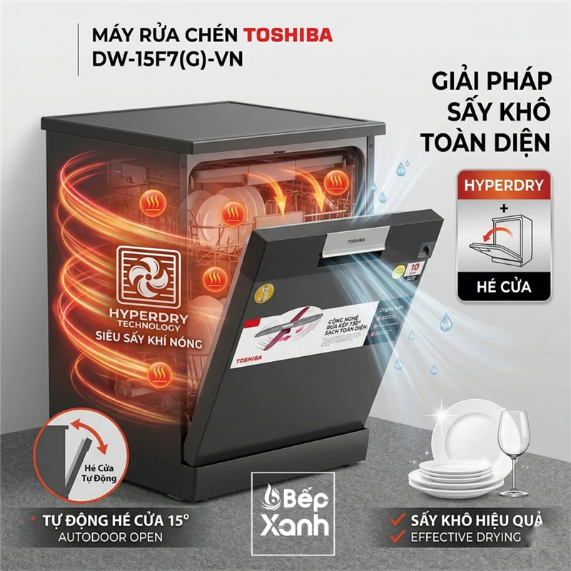 Máy Rửa Chén Toshiba DW-15F7(G)-VN - 15 Bộ, Diệt Khuẩn 99.99% - Hàng Chính Hãng