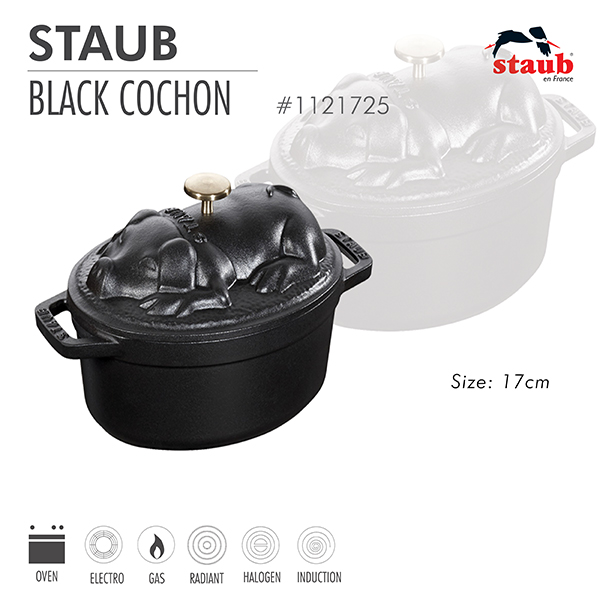 Nồi gang oval Staub nắp hình con heo 17 cm - Màu đen