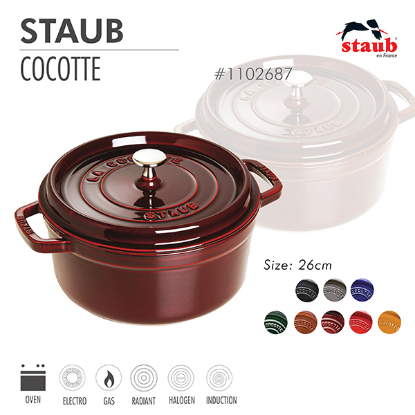 Nồi gang tròn Staub 26 cm – Màu đỏ lựu