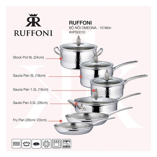 Ruffoni - Bộ Nồi Omegna - 10 Món (1.5L 3L 3.5L 6L 20cm 26cm)