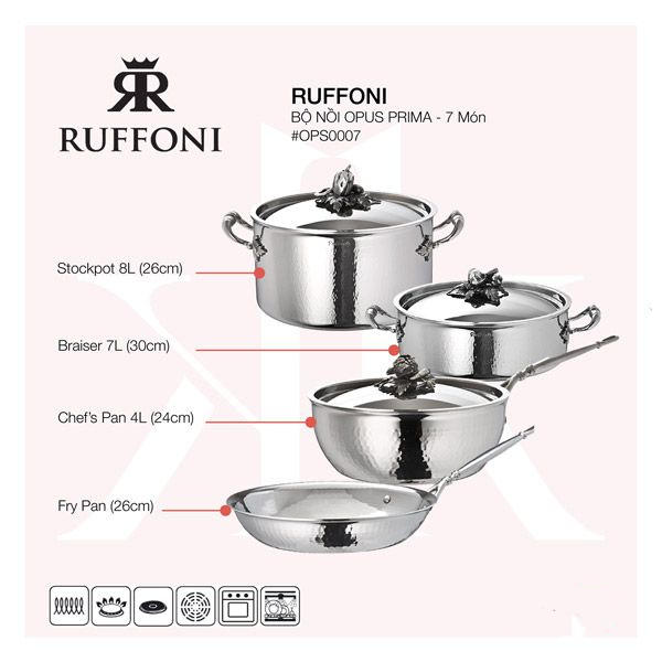 Ruffoni - Bộ Nồi Opus Prima - 7 Món (4L, 7L, 8L, 26cm)