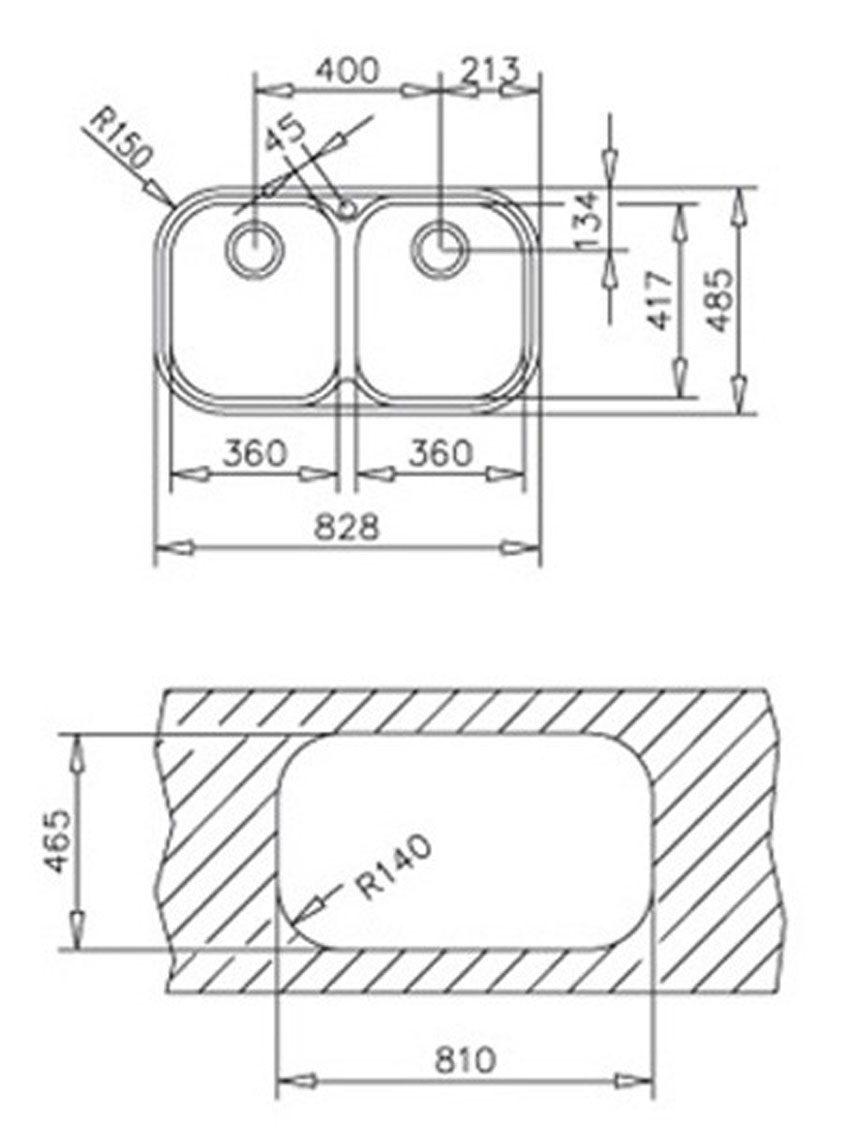 Kích thước lắp đặt của chậu rửa Teka Stylo 2B