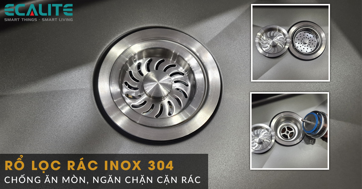 Rổ lọc rác của chậu rửa chén ESD-7845HB được làm bằng inox 304 cao cấp 