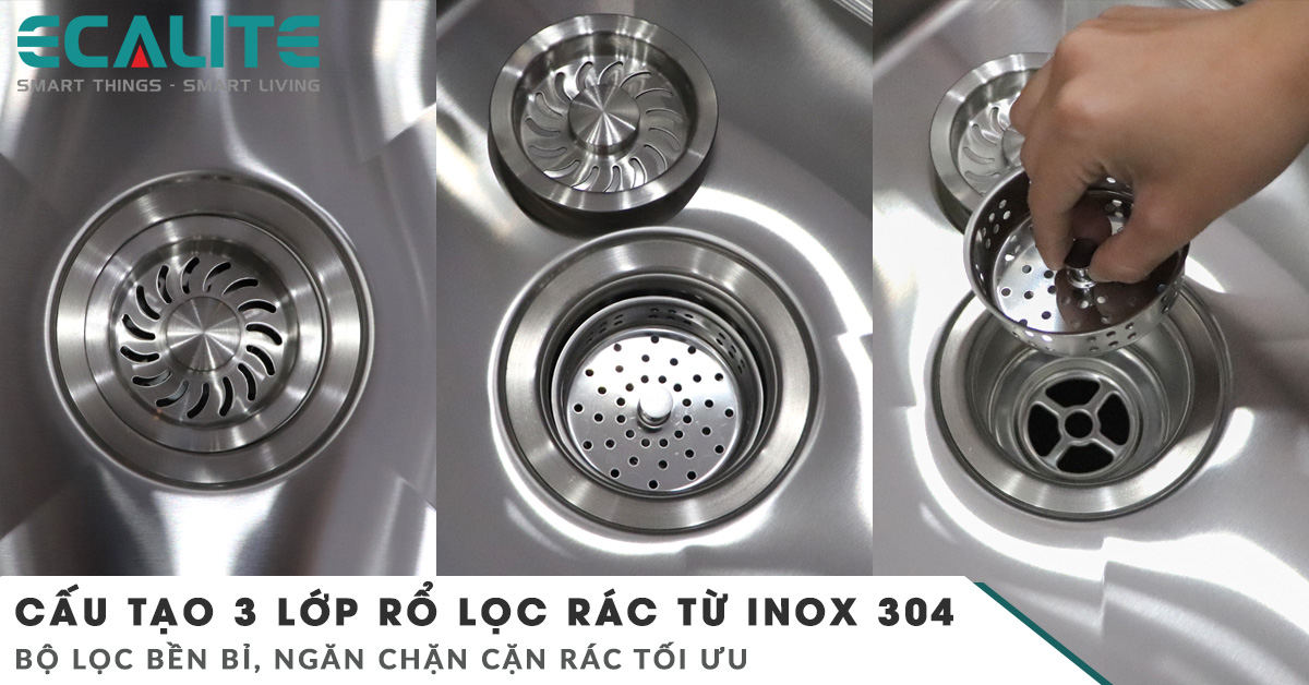 Rổ lọc rác của chậu rửa bát ESD-8245HA được cấu tạo 3 lớp inox 304