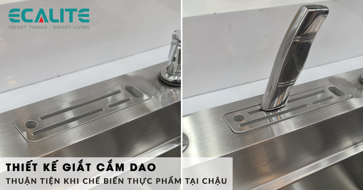 Chậu rửa chén 2 hố Ecalite ESD-8248HS được thiết kế thêm giắt cắm dao độc đáo