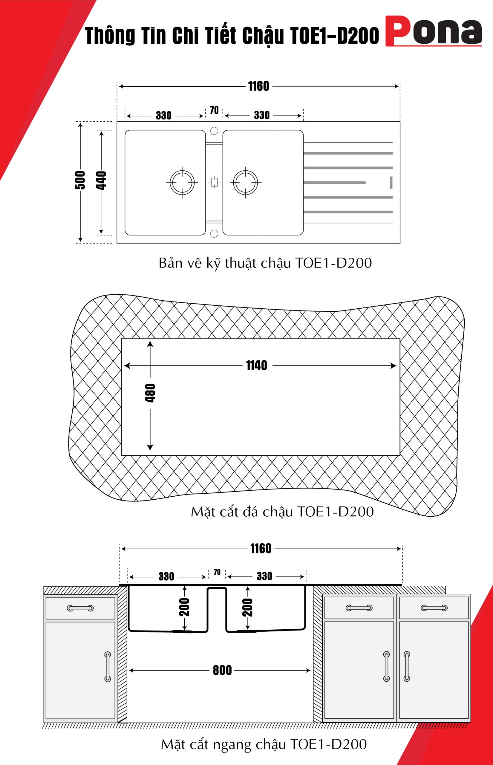 bản vẽ chậu đá TOE1-D200