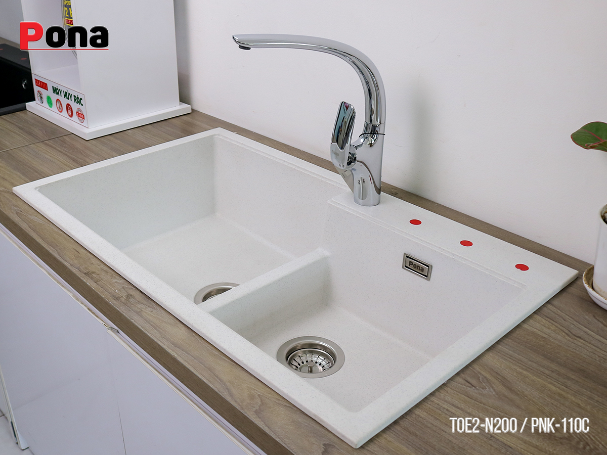 Chậu rửa chén đá Granite Cao Cấp PONA 2 hố màu trắng tiêu xanh TOE2-N200