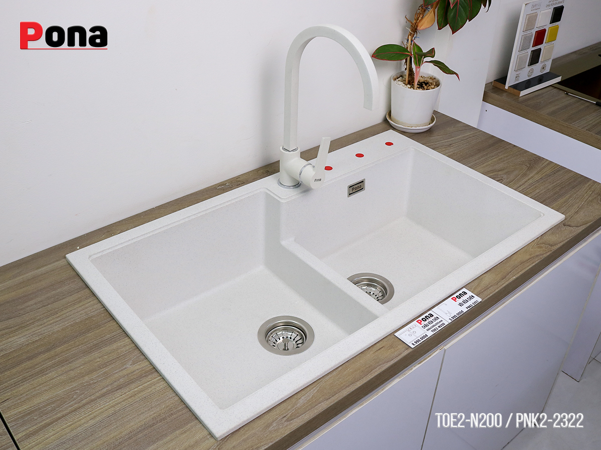 Chậu rửa chén đá Granite Cao Cấp PONA 2 hố màu trắng tiêu xanh TOE2-N200