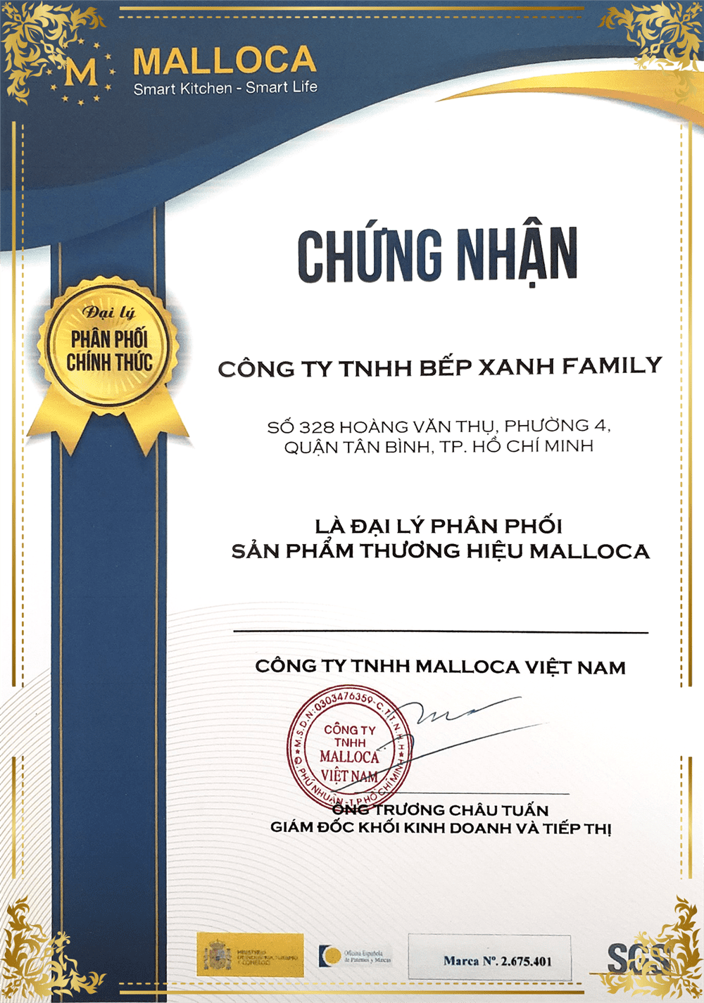 chứng nhận phân phối Malloca