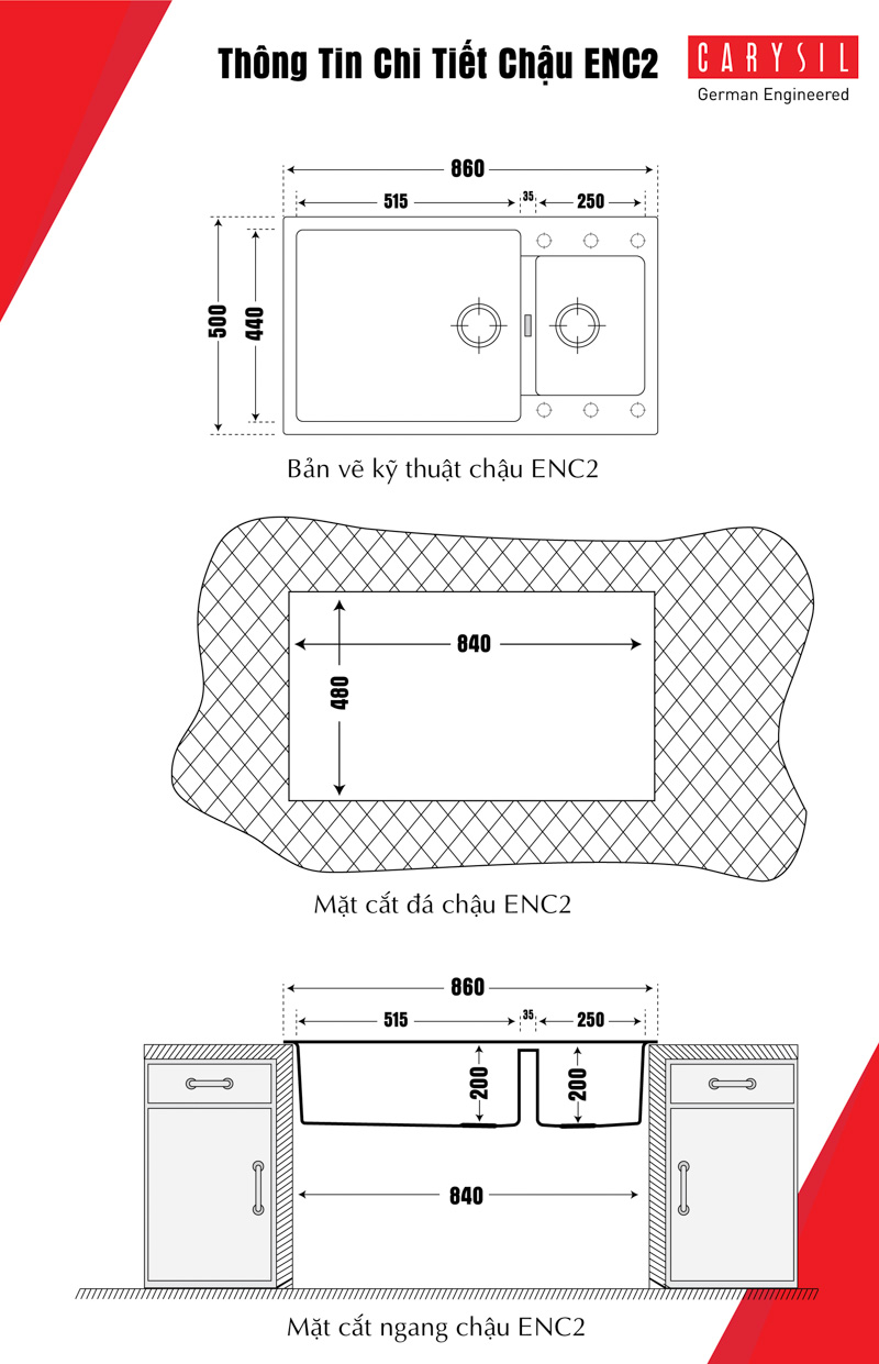 Chậu rửa chén bằng đá Granite 2 hộc ENC2 và bản vẽ chi tiết