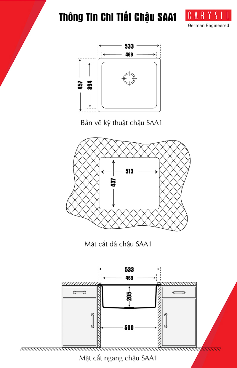 Chậu rửa chén bằng đá đơn chuyên lắp âm SAA1 và chi tiết hình kỹ thuật