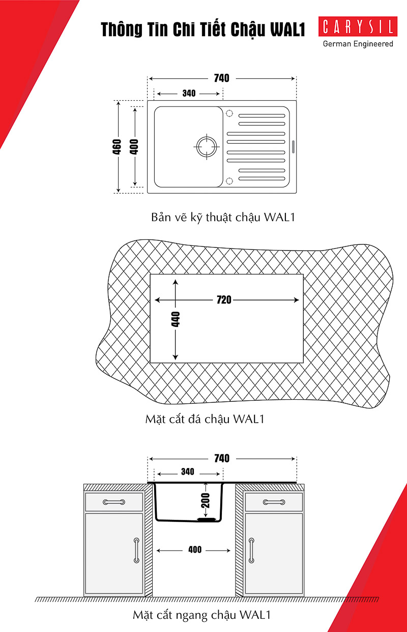 Chậu rửa chén bằng đá WAL1 và thông tin kích thước sản phẩm