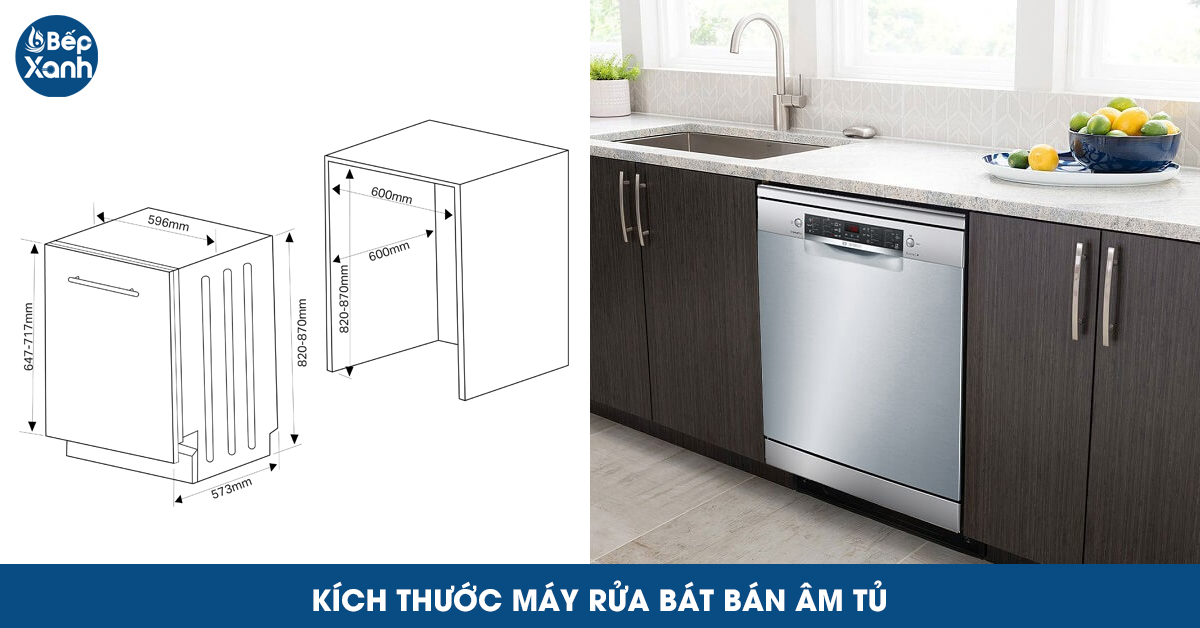 Kích thước máy rửa bát bán âm tủ