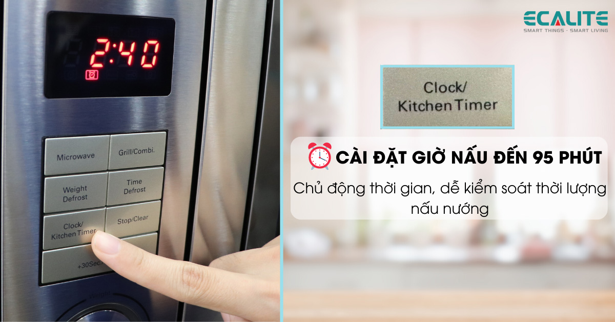 Phím bấm cài đặt giờ nấu có chuông báo trên lò vi sóng Ecalite