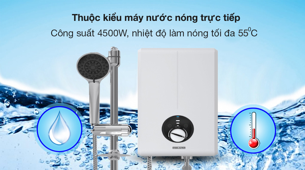 Bình nóng lạnh trực tiếp Stiebel Eltron 4500W XGP 45 EC - Thuộc kiểu máy nước nóng trực tiếp, hoạt động công suất 4500W, cho nhiệt độ nước lên đến 55 độ C