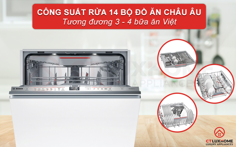 Dung tích rửa lớn, công suất rửa 14 bộ đồ ăn phù hợp gia đình 4-6 người