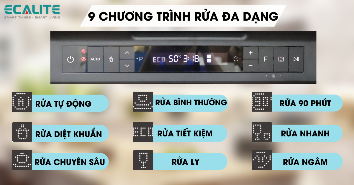 9 chương trình rửa đa dạng, tiện lợi của máy rửa chén ecalite EDW-JA6014ABUV