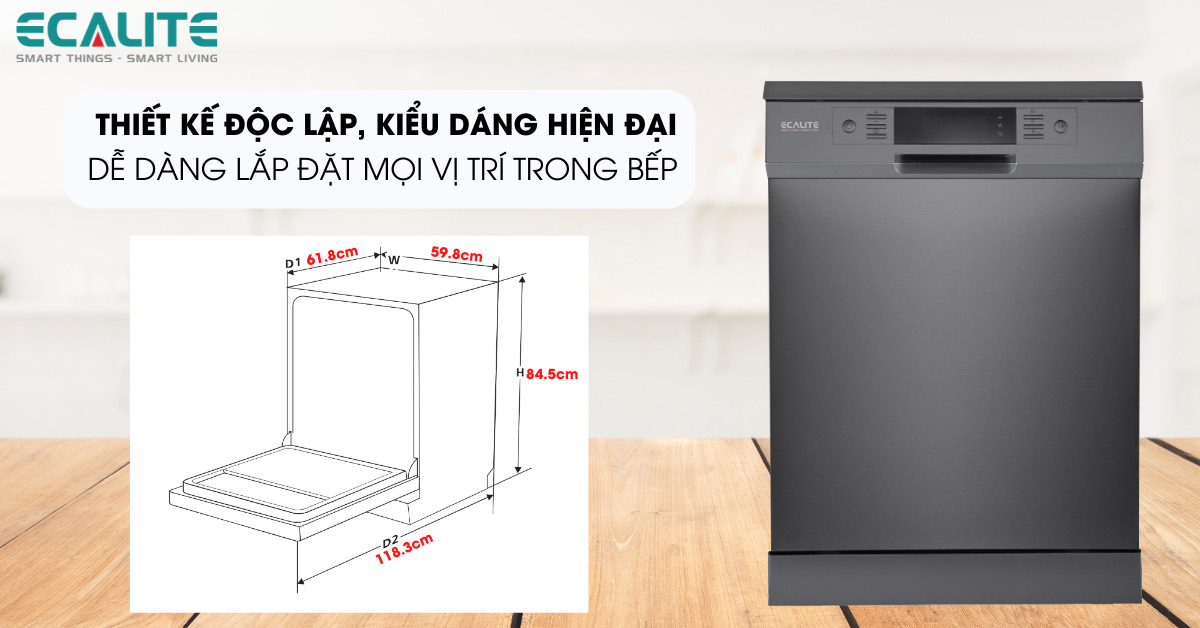 Thiết kế độc lập của máy rửa chén Ecalite EDW-SMS6014AB