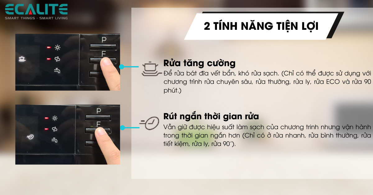 Trang bị thêm 2 chương trình hỗ trợ rửa cho máy rửa chén Ecalite EDW-SMS6014AB