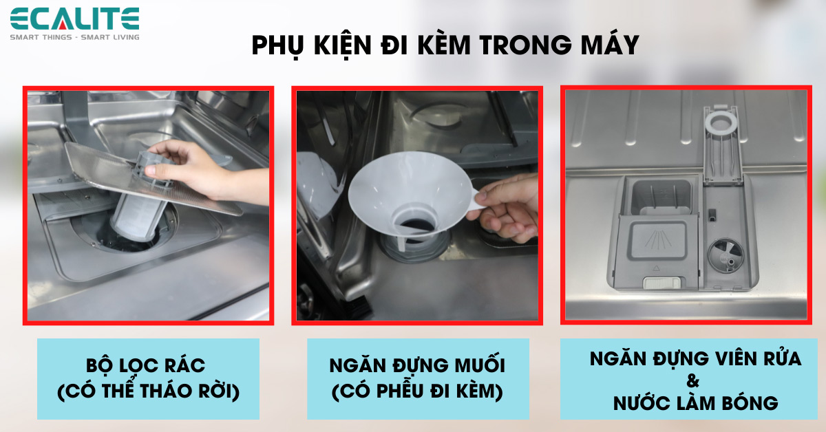 Trang bị thêm phụ kiện đi kèm trong máy rửa chén Ecalite EDW-SMS6014AB