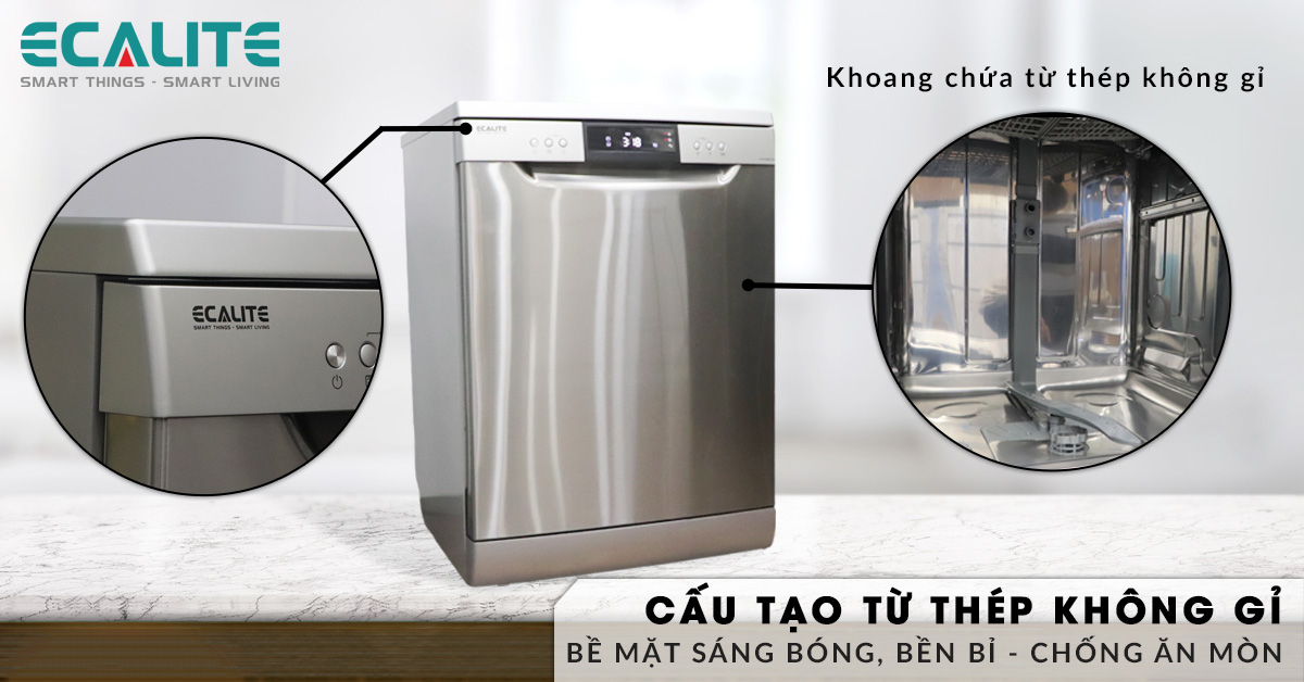 Máy rửa chén Ecalite EDW-SMS6015AS được cấu tạo từ thép không gỉ