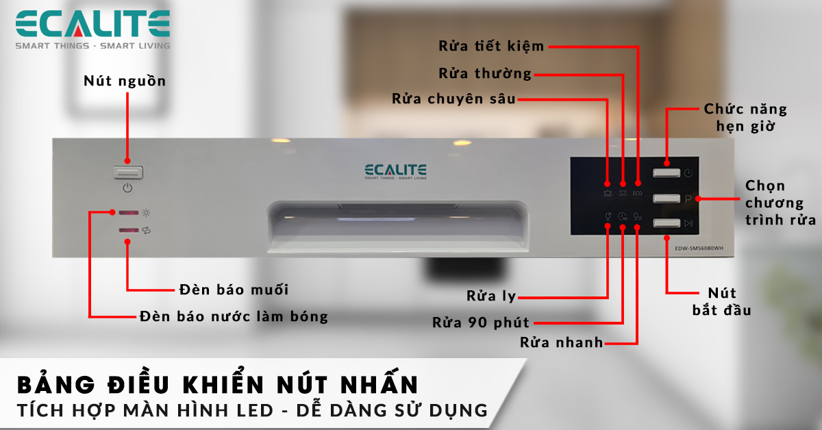 Bảng điều khiển của máy rửa chén bát EDW-SMS6080WH có giao diện dễ nhìn