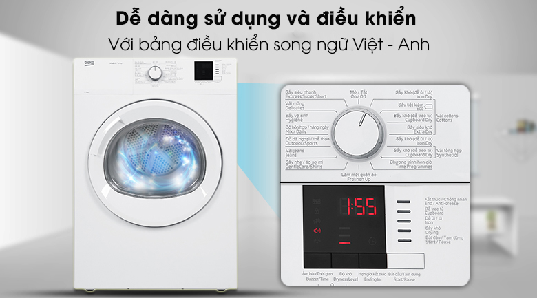 Bảng điều khiển tiếng Việt - Máy sấy Beko 8kg DA8112RX0W