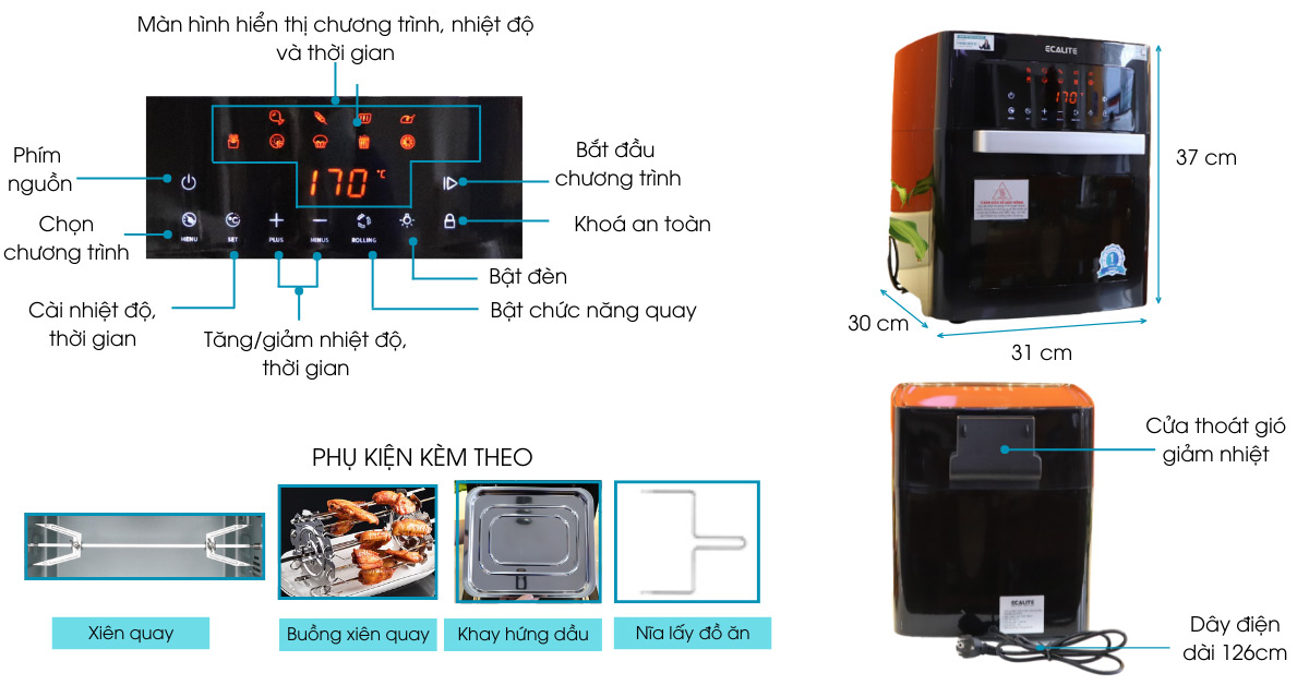 Kích thước và thông số kỹ thuật nồi chiên không dầu Ecalite EL-AF15