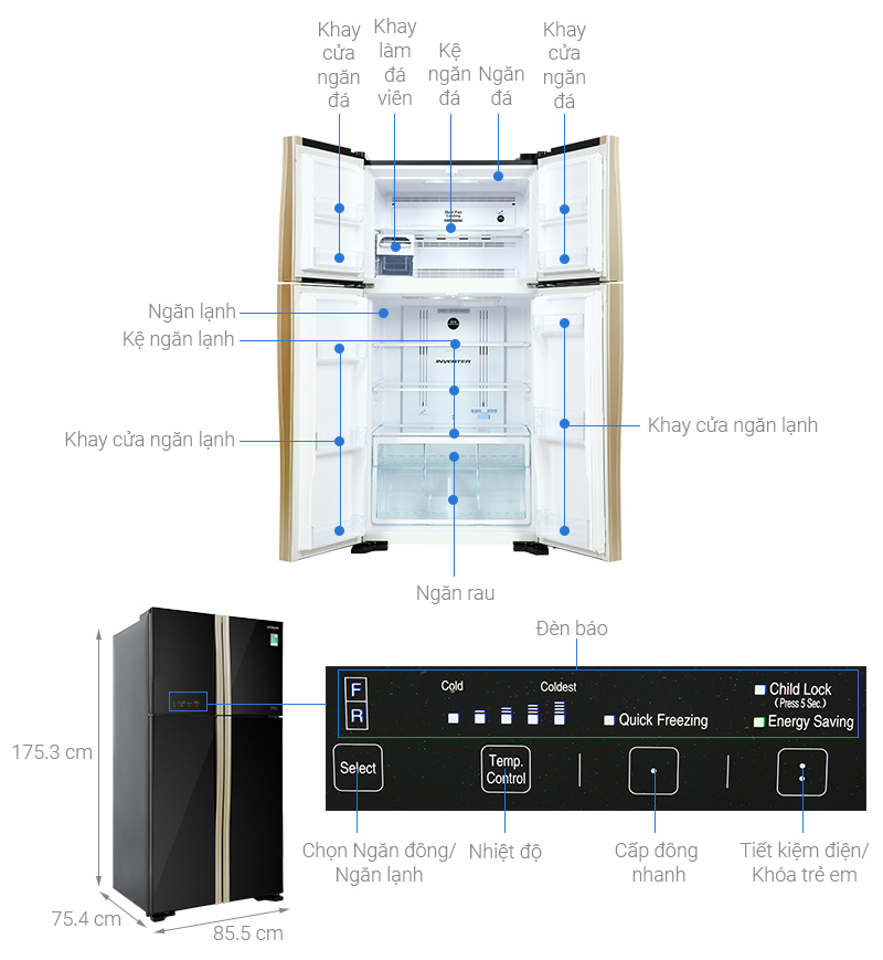 Tủ lạnh Hitachi Inverter 509 lít Multi Door R-FW650PGV8 GBK