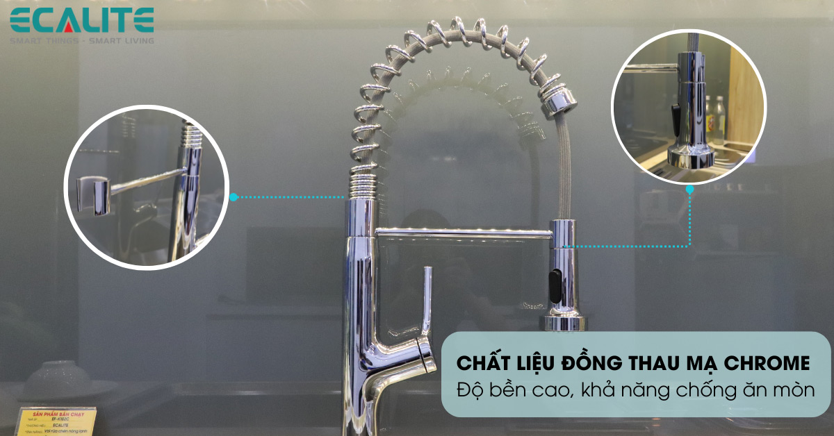 Vòi rửa chén nóng lạnh Ecalite EF-K541C được làm bằng chất liệu đồng thau mạ Chrome