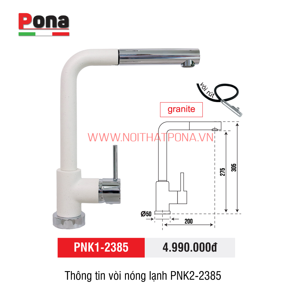 vòi rửa chén nóng lạnh có thể rút ra mạ đạ granite PNK2-2385