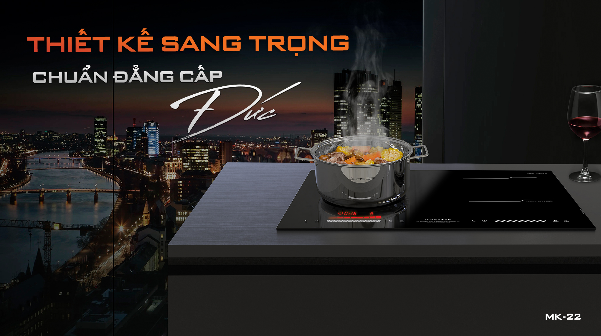Bếp từ đôi Junger MK-22 được thiết kế 2 vùng nấu riêng biệt với kiểu dáng hiện đại chuẩn Đức nâng tầm không gian sống.