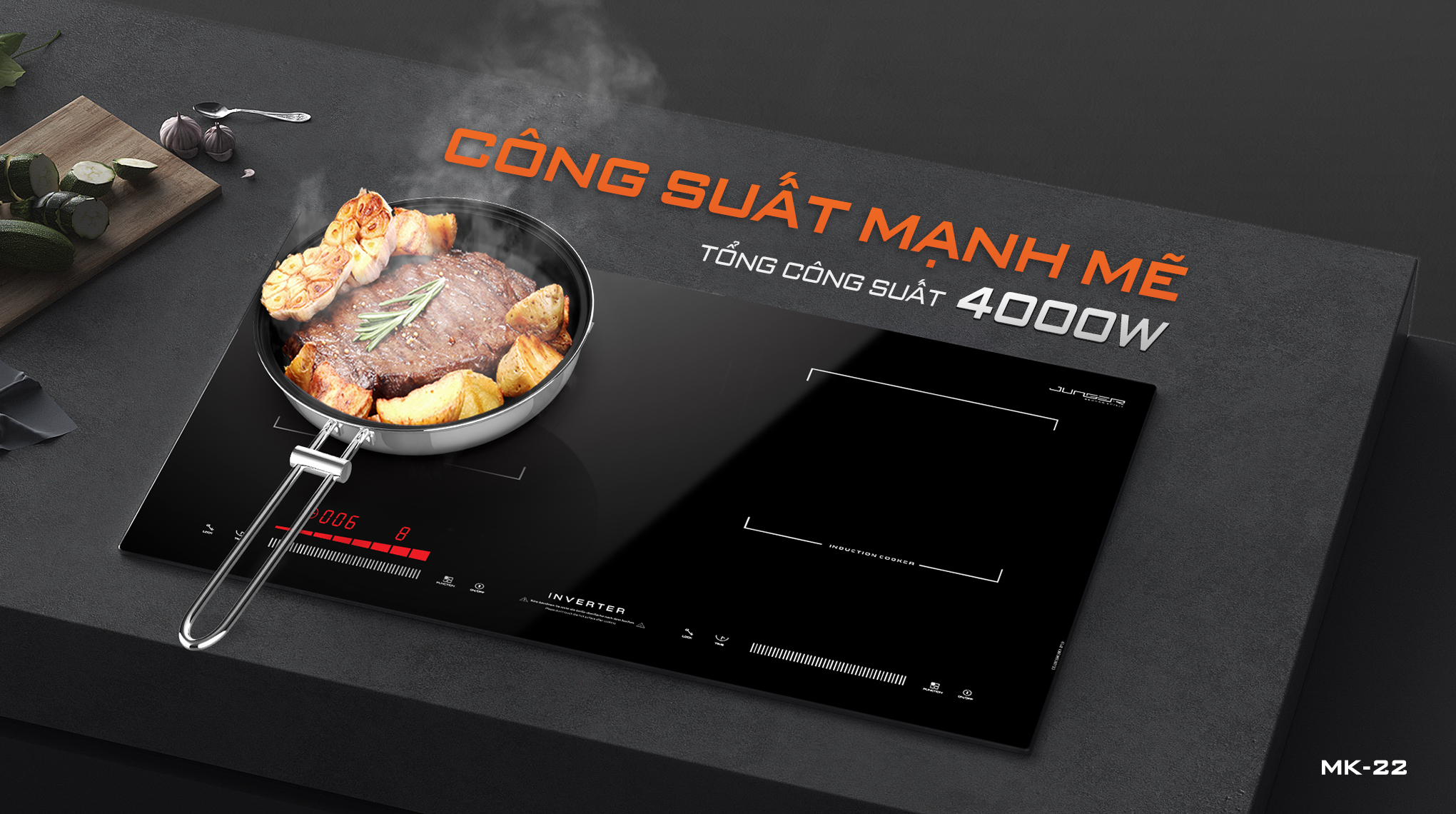 MK-22 giúp kiểm soát nhiệt tối ưu với 8 mức công suất linh hoạt, tối đa lên đến 2000W, cùng 8 mức cài đặt nhiệt độ nấu từ 60°C – 240°C.
