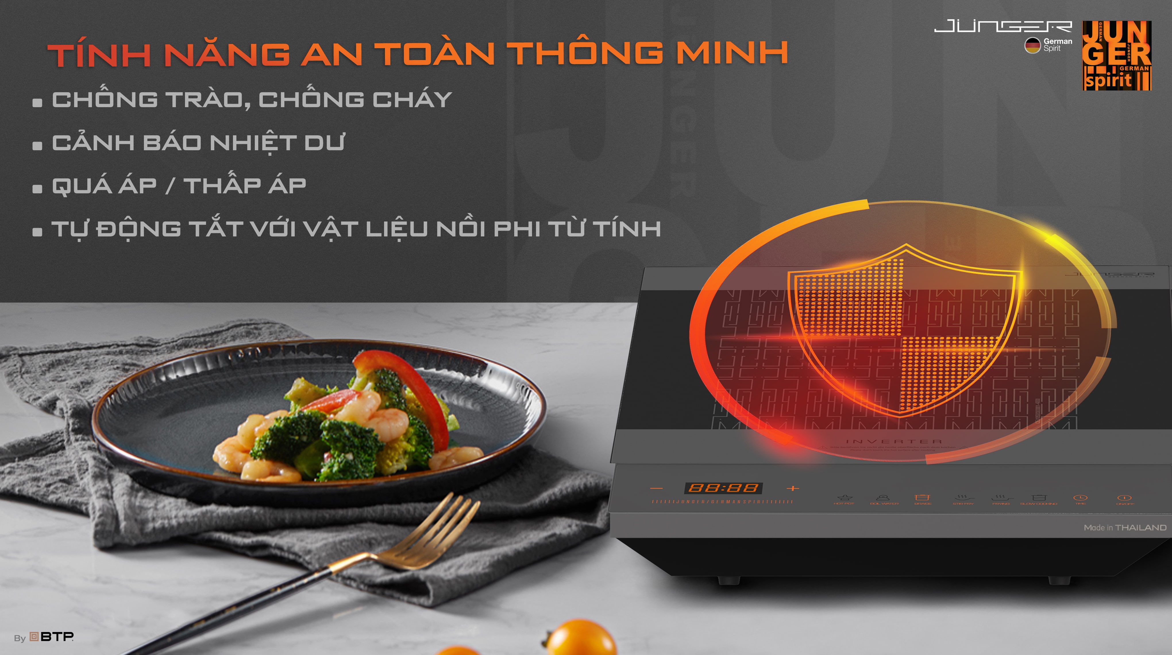 Junger CEJ-106-I được trang bị rất nhiều tính năng thông minh, đảm bảo an toàn tuyệt đối cho bếp và người sử dụng.