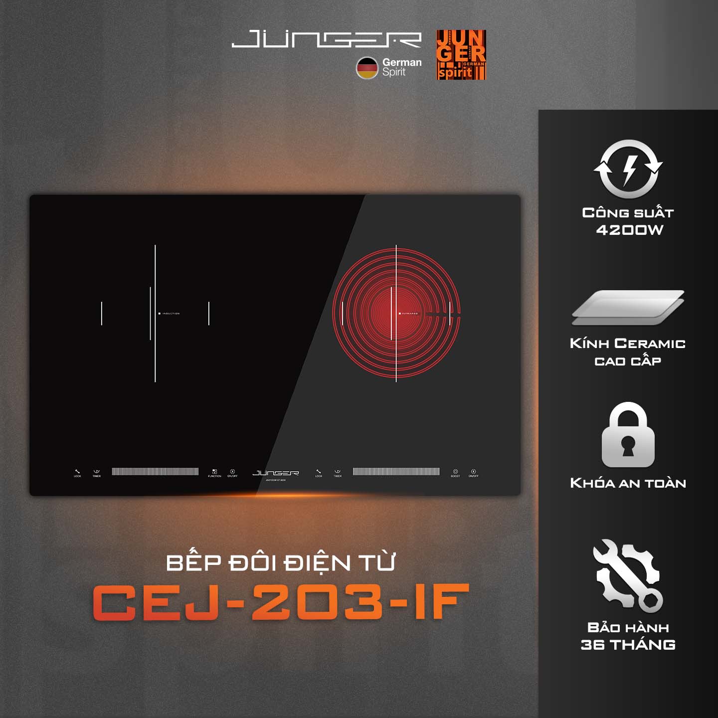 Bếp điện từ Junger CEJ-203-IF được thiết kế 2 vùng nấu riêng biệt với kiểu dáng hiện đại chuẩn Đức nâng tầm không gian sống.