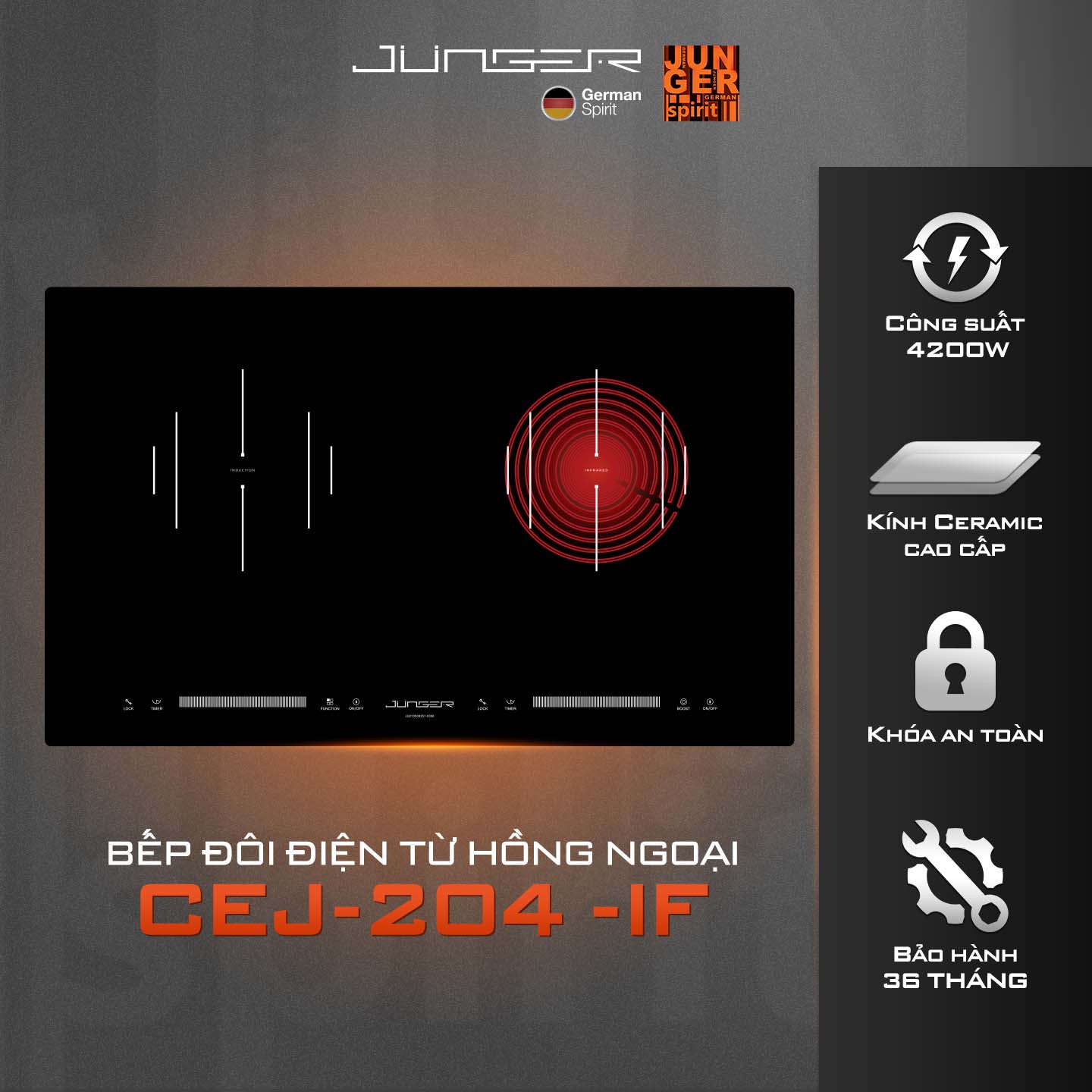 Bếp điện từ Junger CEJ-204-IF được thiết kế 2 vùng nấu riêng biệt với kiểu dáng hiện đại chuẩn Đức nâng tầm không gian sống.