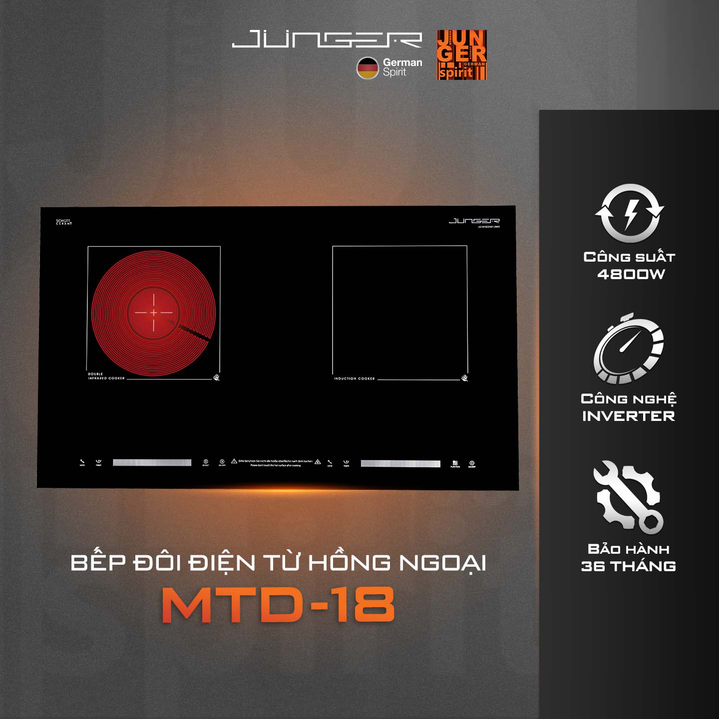 Bếp điện từ Junger MTD-18 được thiết kế 2 vùng nấu riêng biệt với kiểu dáng hiện đại chuẩn Đức nâng tầm không gian sống.