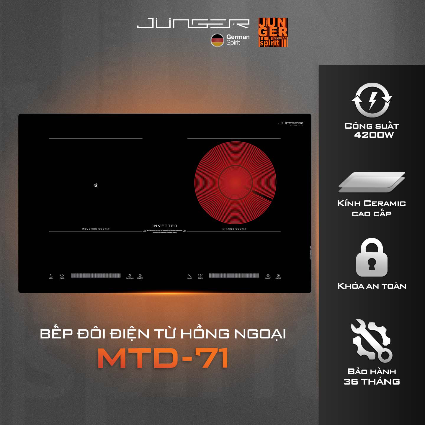 Bếp điện từ hồng ngoại Junger MTD-71 được thiết kế 2 vùng nấu riêng biệt với kiểu dáng hiện đại chuẩn Đức nâng tầm không gian sống.